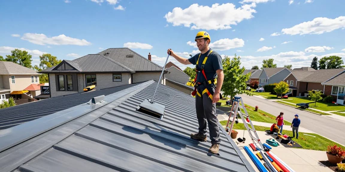 MRoof metal roofing installation scene with professional roofer inspecting quality.