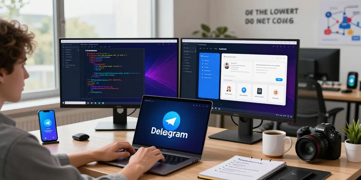 Tech workspace showcasing a person using Telegram Download on a laptop with colorful interface, surrounded by gadgets and notes.