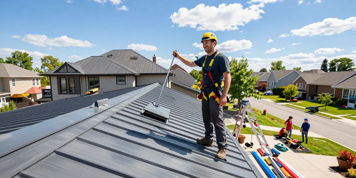MRoof metal roofing installation scene with professional roofer inspecting quality.
