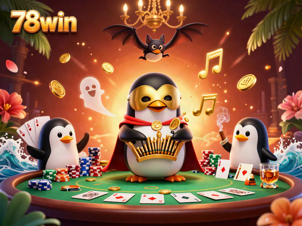 Experience the excitement at 78win with a playful penguin, casino atmosphere, and golden prizes.