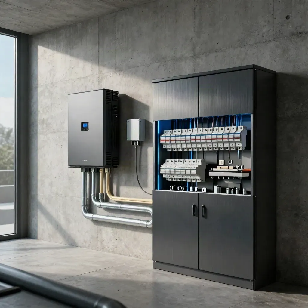 Wall-mounted home battery stack and inverter in a moody concrete utility room with blue glow