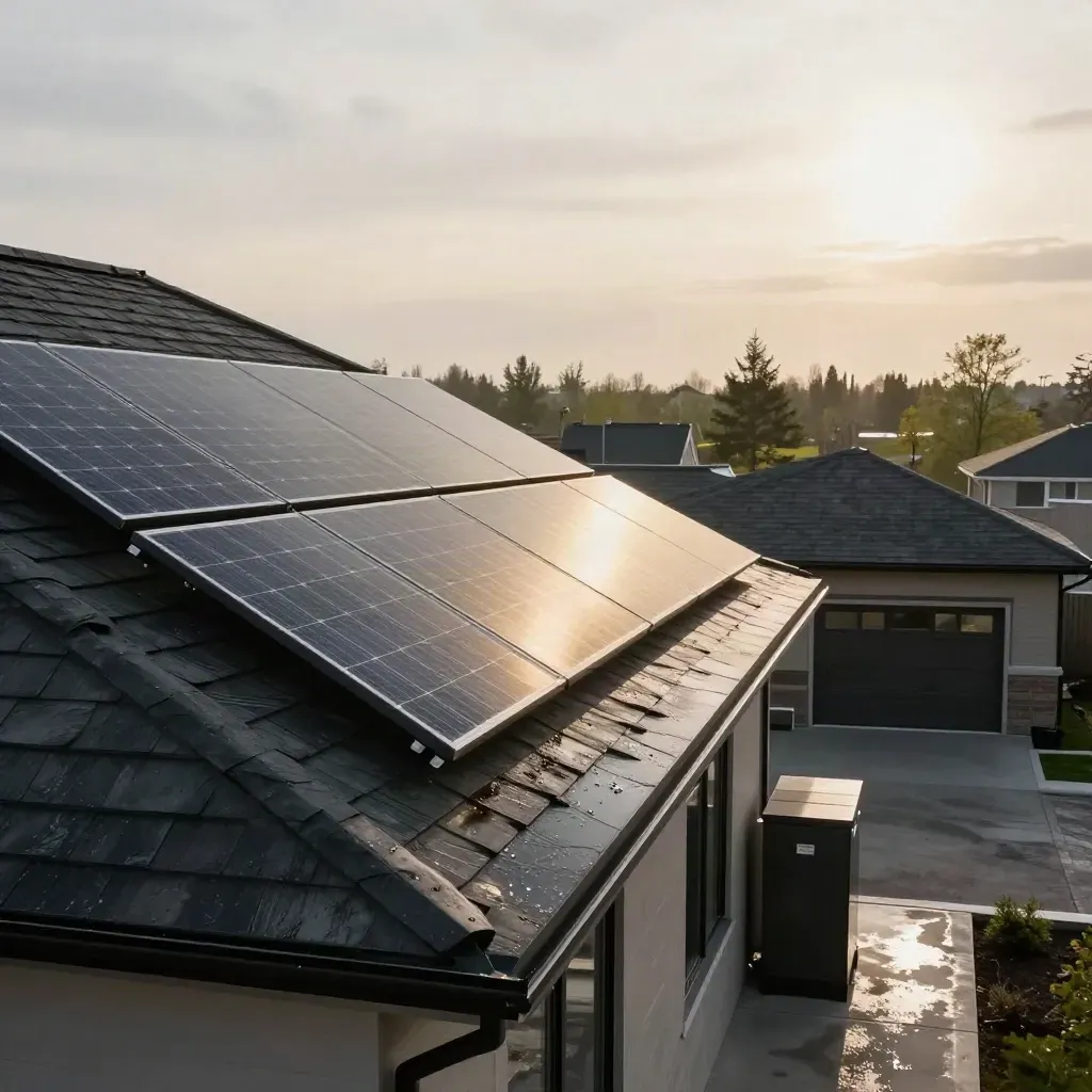Wet Calgary bungalow roof with solar panels, battery cabinet, and misty treeline.