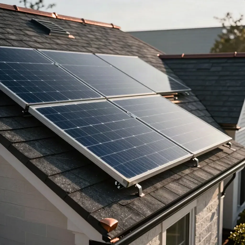Low-angle solar panels settling on a steep bungalow roof with copper flashing and bright glare.