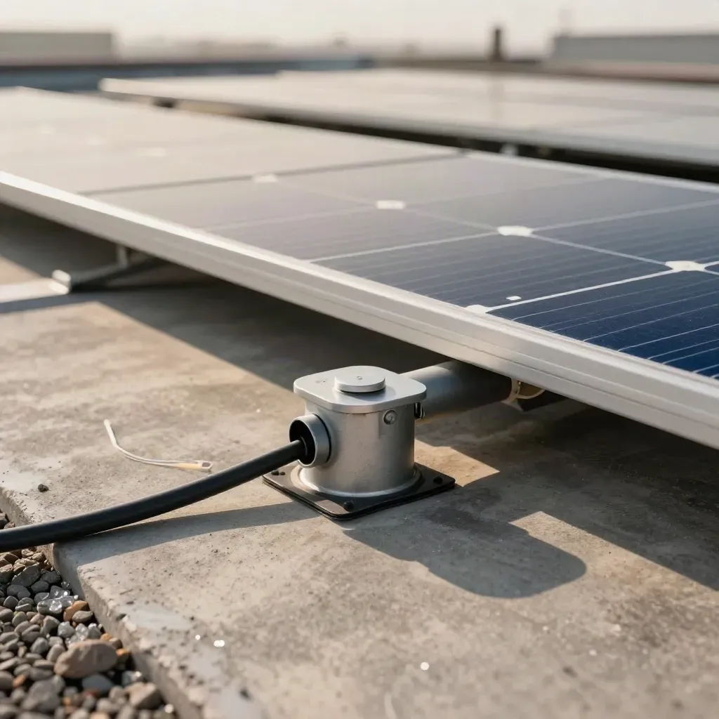 Extreme macro of a repaired rooftop solar junction box, cable run, and panel edge on gravel roofing.