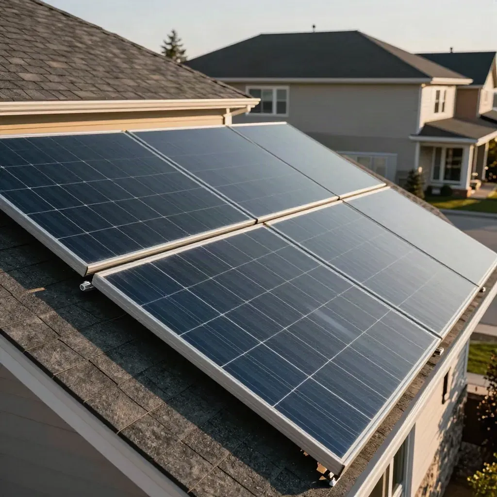 Close rooftop solar panels on a Calgary bungalow in warm summer light, with garage and siding softly blurred.