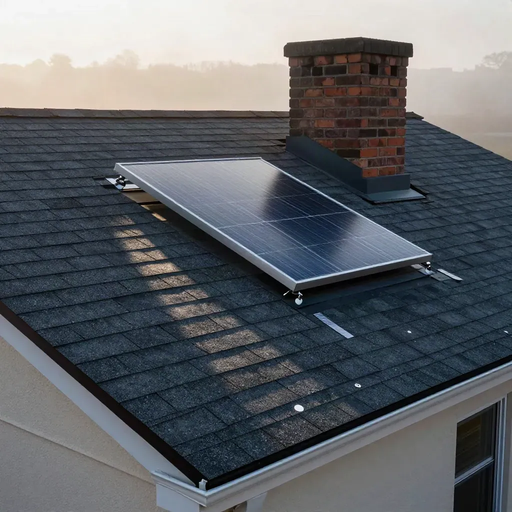 Older shingled roof with chimney, solar mockup panel, and inspection markers in dawn mist.