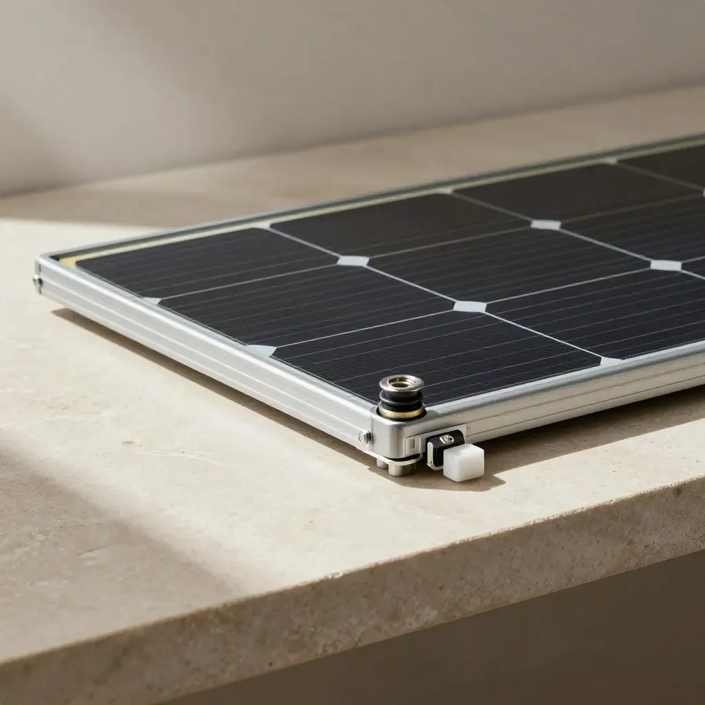 Solar panel corner sample with rail clamp and cable gland on pale stone