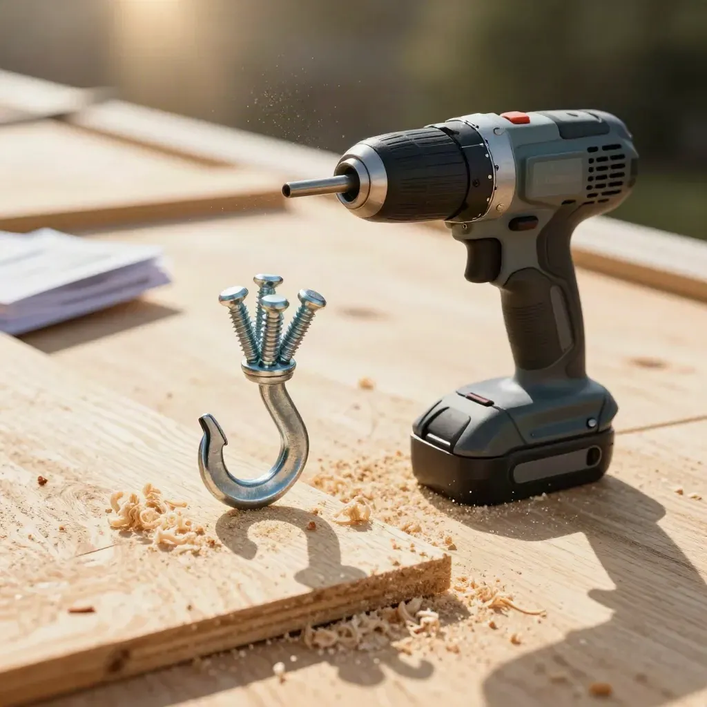 Roofing install tools staged on plywood: impact driver, lag bolts, and roof hook in warm sun.