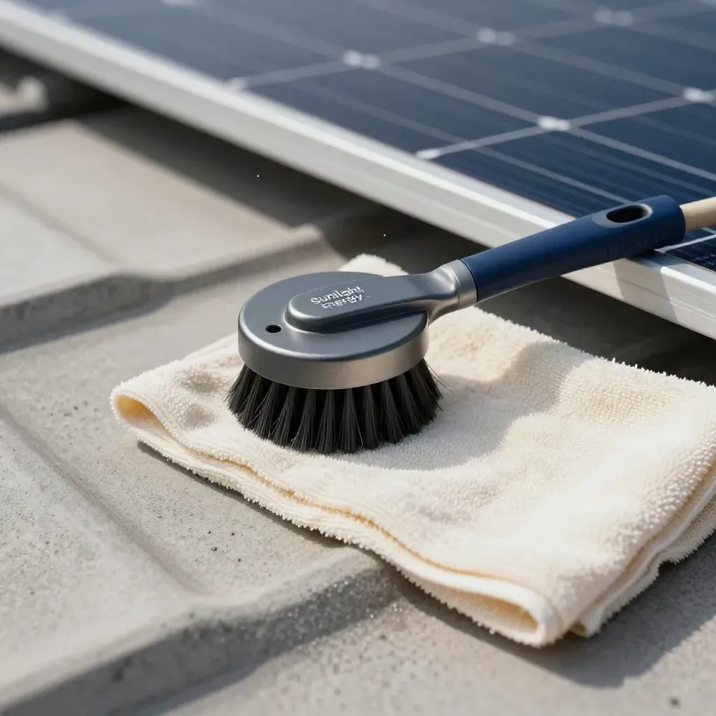 Solar maintenance still life with wash brush, connector cap, cloth and panel edge on concrete.