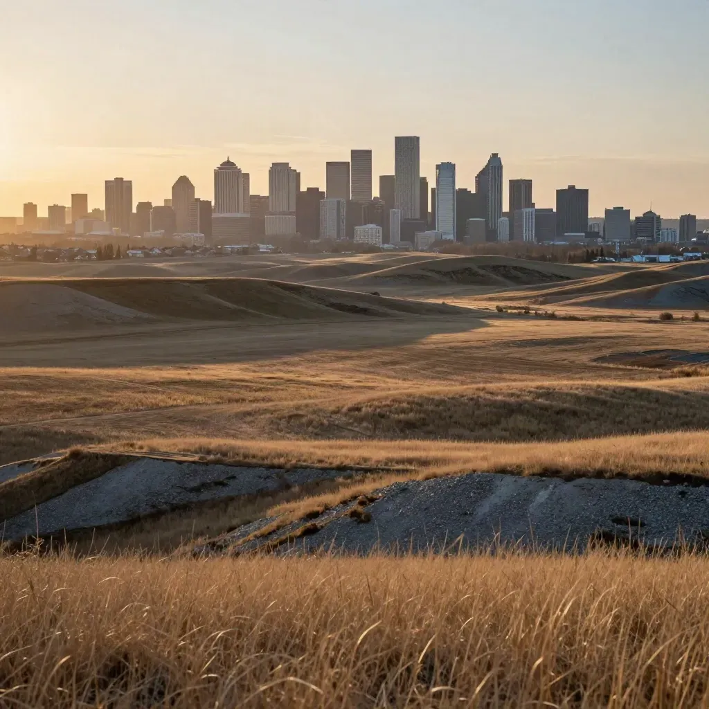 Calgary skyline above hazy prairie coulees and straw-brown fields at golden hour