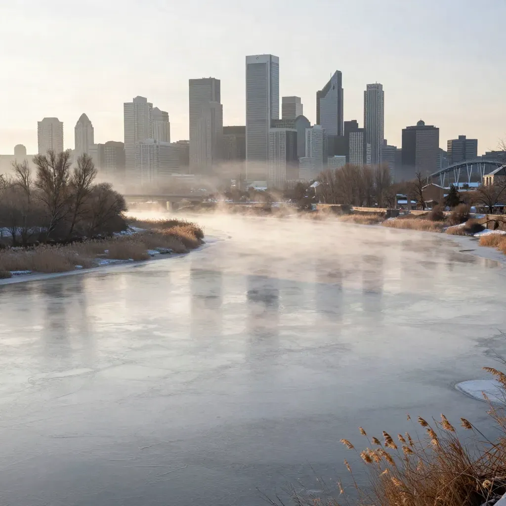 Edmonton skyline above a misty river valley at dawn with dark poplar belts