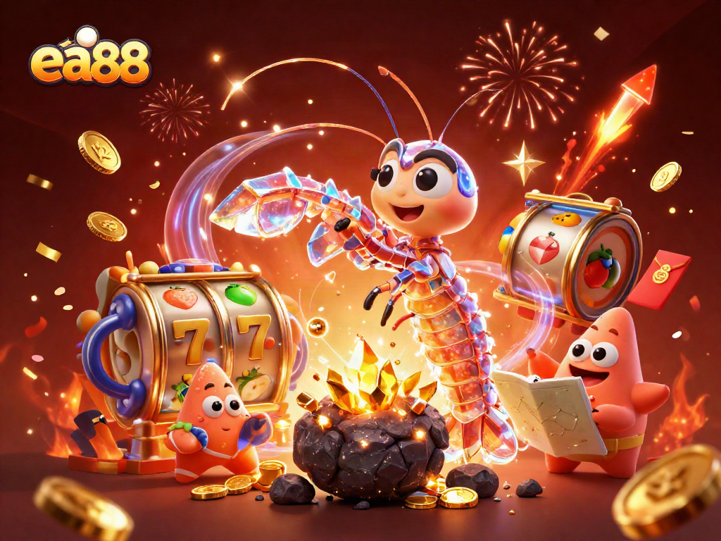 Engage with the thrilling world of ea88 as the galactic samurai mantis shrimp conquers an asteroid, spilling coins and gems in a vibrant casino scene.