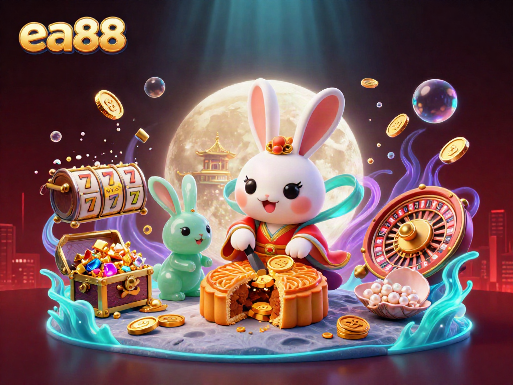 Engage with the dynamic ea88 casino scene featuring a moon rabbit, golden mooncakes, and vibrant gaming elements.
