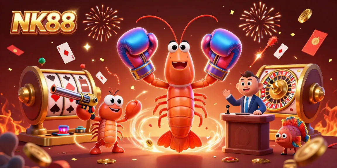 Experience thrilling gameplay at NK88 featuring vibrant slot reels and 3D shrimp characters.
