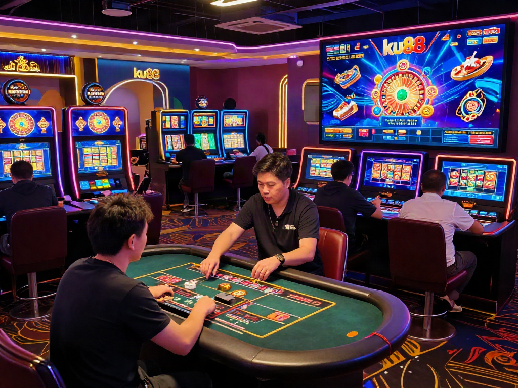 Exciting ku88 online casino environment with players at colorful game tables.