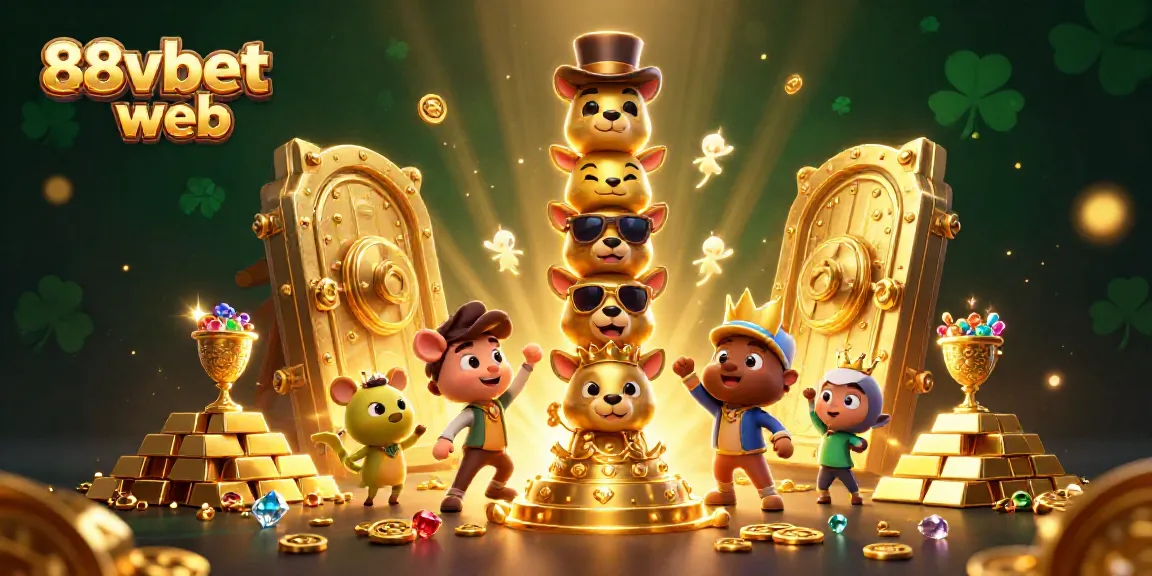 Experience the excitement of 88vbet web with vibrant casino characters and gold treasures sparkling in a dynamic scene.