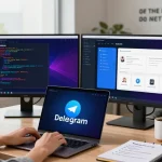 Tech workspace showcasing a person using Telegram Download on a laptop with colorful interface, surrounded by gadgets and notes.