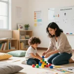 Therapist and child engaged in ABA programming activities in a warm, inviting therapy room.